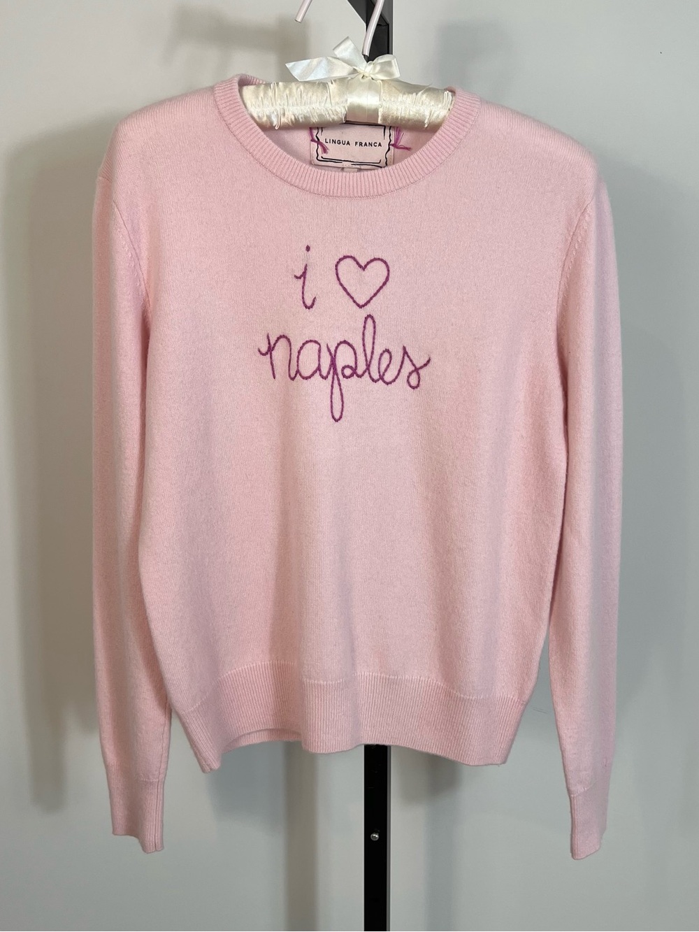 Lingua Franca Pink Cashmere I Love Naples Script Crewneck Long Sleeve Sweater S